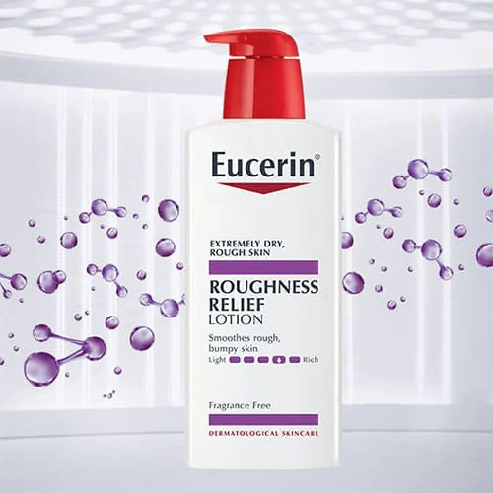 Eucerin Roughness Relief Lotion bottle with red pump on a light gray background