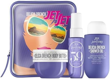 Sol de Janeiro Delícia Drench Jet Set Travel Size Body Care Set | Hydrating Shower Oil, Body Butter & Perfume Mist | Deep Moisture & Soft Skin Glow Kit