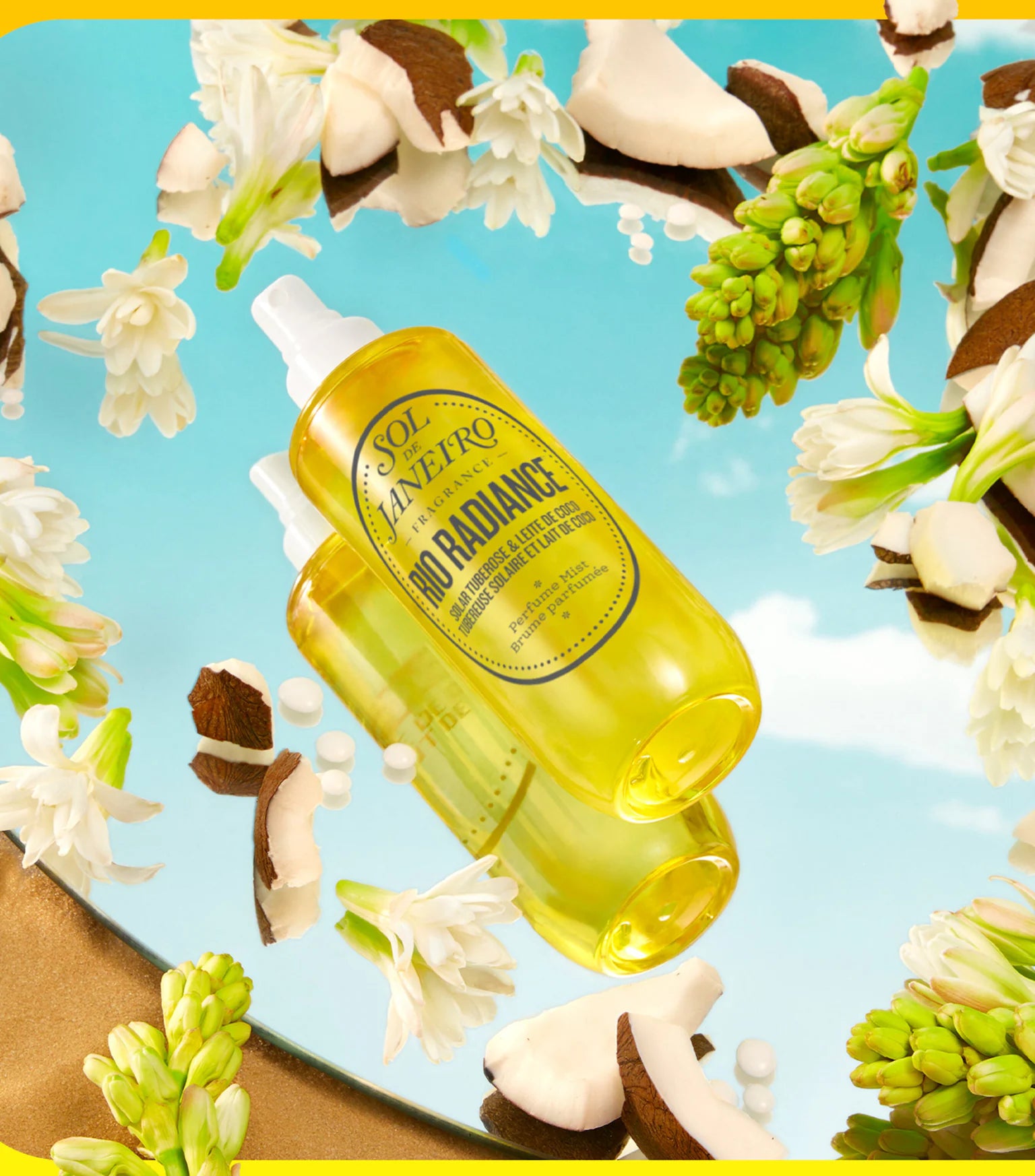 Yellow bottle with a label surrounded by flowers and leaves on a blue background