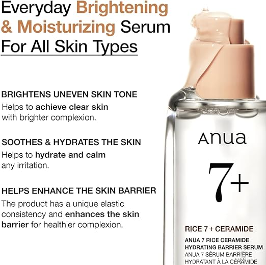 Anua 7+ Rice Ceramide Hydrating Barrier Serum 50ml – Korean Face Serum for Deep Hydration, Barrier Repair & Brightening
