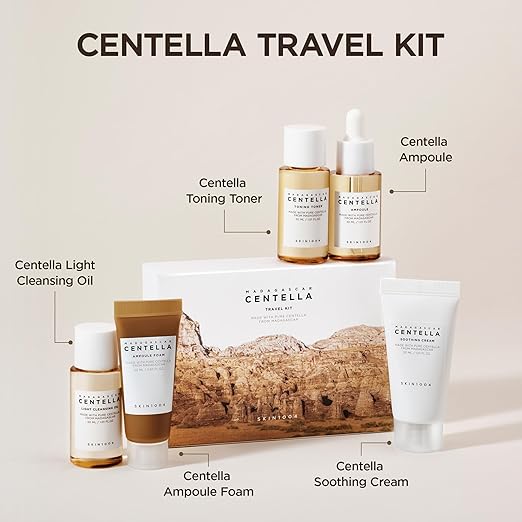 SKIN1004 Madagascar Centella Travel Kit – 5pcs Korean Skincare Set (Toner, Ampoule, Cream, Cleansing Oil & Foam) – Soothing & Hydrating Trial Kit