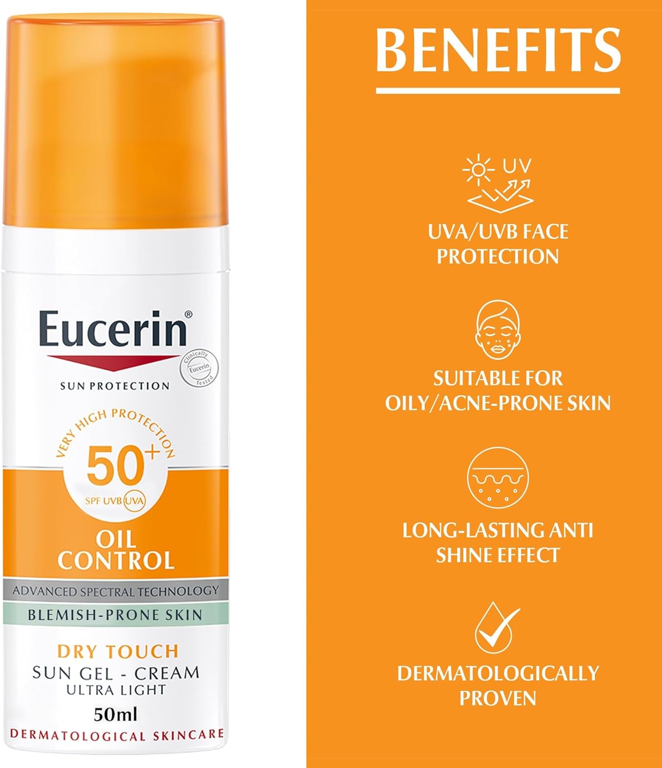 Eucerin Oil Control Sunscreen  Gel-Cream Dry Touch, High UVA/UVB, SPF 50+, For Blemish-Prone Skin, 50ml