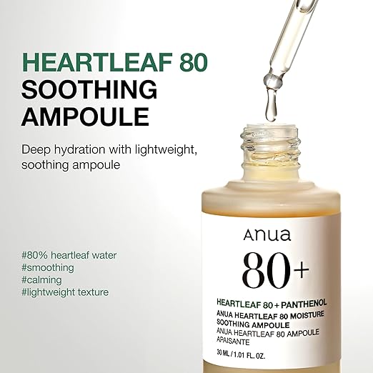 Anua Heartleaf 80% Soothing Ampoule 30ml – Calming & Hydrating Korean Face Serum with Panthenol (B5) for Sensitive & Combination Skin