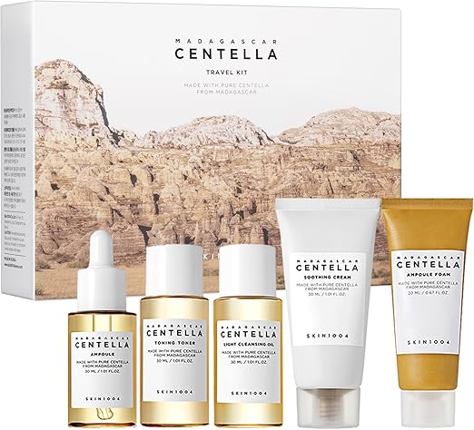 SKIN1004 Madagascar Centella Travel Kit – 5pcs Korean Skincare Set (Toner, Ampoule, Cream, Cleansing Oil & Foam) – Soothing & Hydrating Trial Kit