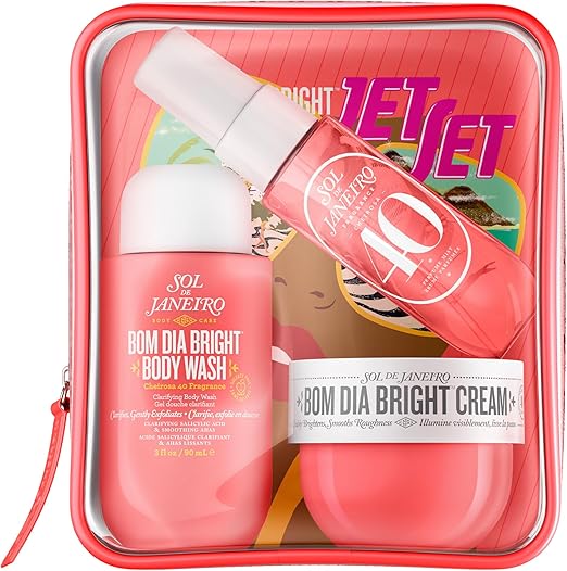 Sol de Janeiro Bom Dia Bright Jet Set – Travel Body Care Kit with AHA Body Cream, Shower Gel & Fragrance Mist for Smooth & Glowing Skin