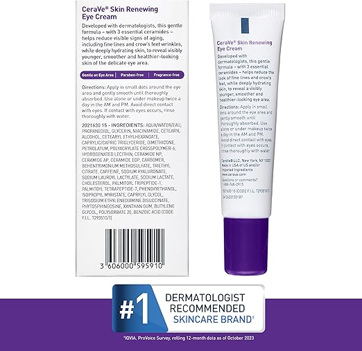 CeraVe Eye Cream for Wrinkles Under Eye Cream with Caffeine, Peptides Free & Ophthalmologist Tested 0.5 Ounces