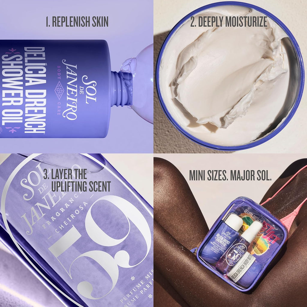 Sol de Janeiro Delícia Drench Jet Set Travel Size Body Care Set | Hydrating Shower Oil, Body Butter & Perfume Mist | Deep Moisture & Soft Skin Glow Kit