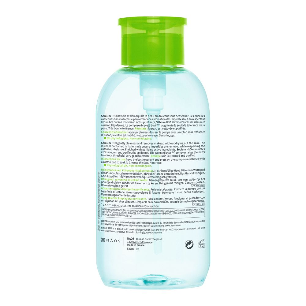 Bioderma Sebium H2O Purifying Cleansing Micellar Water Make-Up Remover for Combination to Oily Skin, 500ml