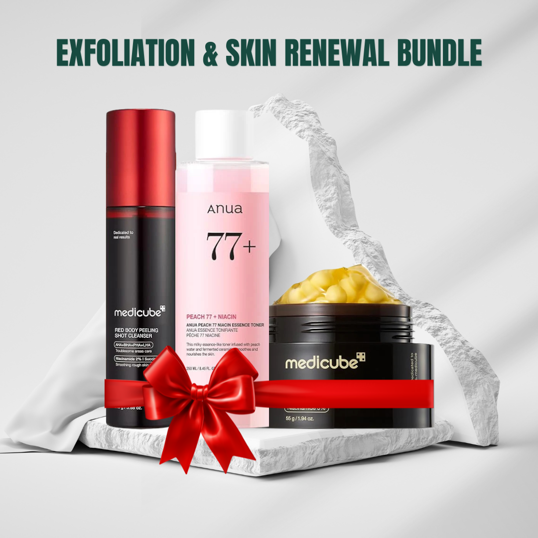Exfoliation & Skin Renewal Bundle (Medicube Red Body Peeling Shot AHA/BHA/PHA + Medicube Deep Vitamin C Capsule Moisturizer + Anua Peach 77 Toner)